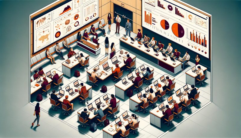 Illustration of a classroom full of students working on laptops or pointing to screens