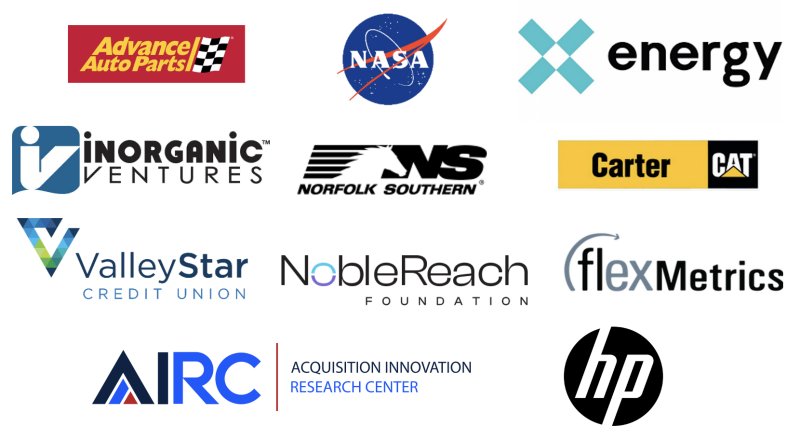 Logos of current capstone sponsors for 2023-24, includes Advance Auto Parts, NASA, X-Energy, Inorganic Ventures, Norfolk Southern, Carter Machinery, ValleyStar Credit Union, NobleReach Foundation, FlexMetrics, the Acquisition Innovation Research Center, and HP.